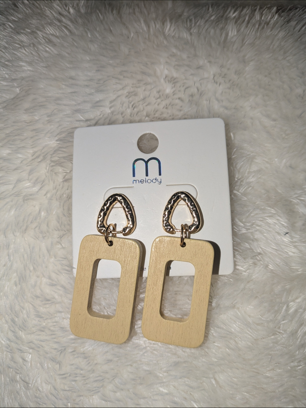 Melody Beige Wood-Style Drop Earrings - Geometric Rectangle